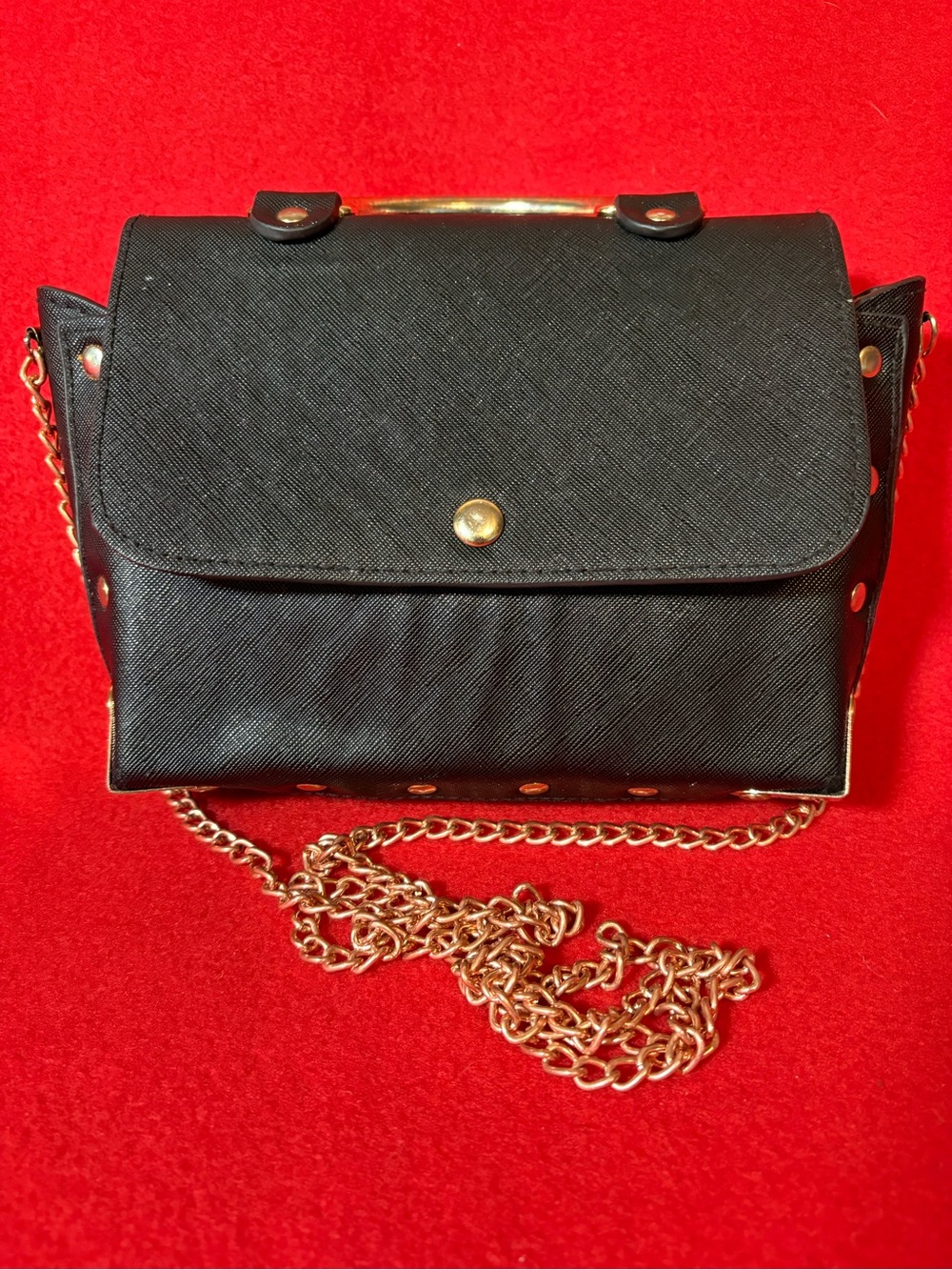 Black Mini Studded Faux Leather Crossbody Top Handle Satchel Gold Chain Bag - Picture 4 of 12